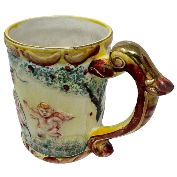 Hand Printed Modern Style Gold Handled Tea Coffee Mug Cherub Design - Picture 5 of 7